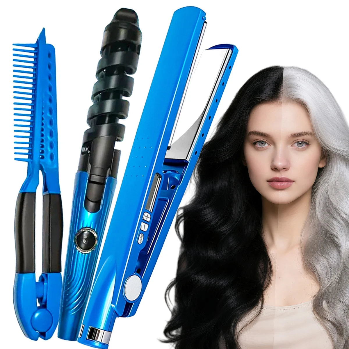 Three-In-One Multi-Functional Titanium Alloy Hair Curler Brush Spiral Hair Curling Iron Comb Set Straightening Hair Clip Board