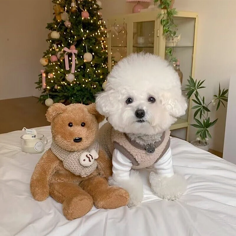 Puppy Plush Vest Pet Cotton Coat Autumn and Winter Warm Open Button Shirt Teddy Solid Two Legged Clothes Cartoon Jacket