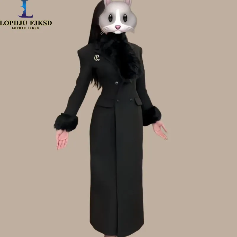 

Fashion Women's Woolen Coat Lapel Slim Fit Double Breasted Long Sleeves Solid Color Blends Overcoat Winter 2025 New