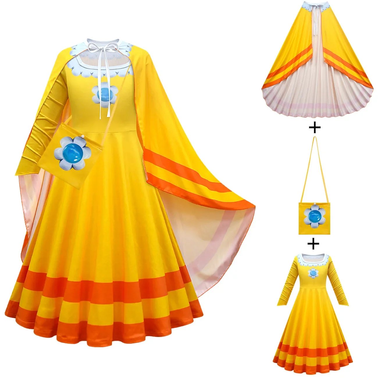 Kids Anime Cartoon Print Princess Peach Long Dress Cloak Set Outfit for Girls Christmas Halloween Cosplay Costume