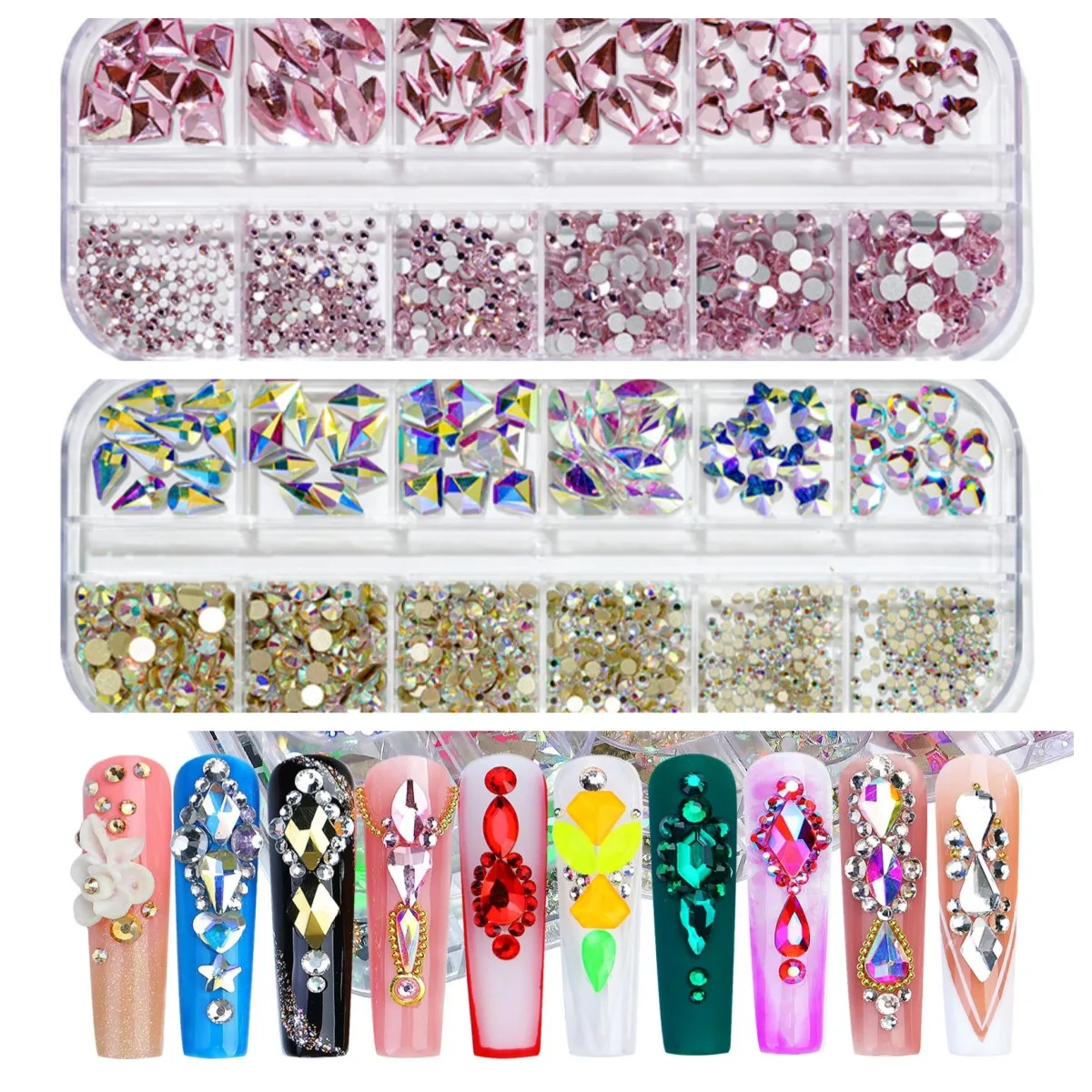 2 Boxes Multi Size AB And Colorful Rhinestones Flatback Crystal Diamond Gems 3D Glitter Nail Art Luxurious Nail Decor 