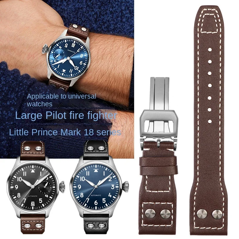 21MM 22mm Bracelet High Quality Genuine Leather Rivets Watchband For IWC Big Pilot Spitfire TOP GUN Brown Black Cowhide Strap