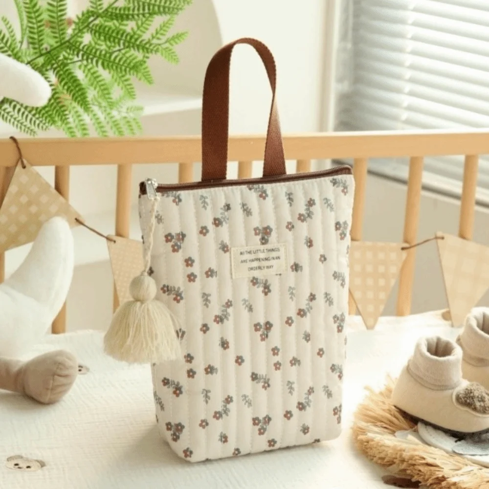 Trendy Embroidered Mommy Bag Floral Print Portable Stroller Organizer Quilted Multi-pocket Handbag Maternity Use