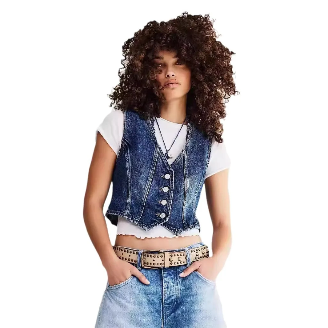 Elegantes kurzes Denim-Tanktop für Damen, schmale Taille, sexy tiefe V-Weste, Jacke, Oberbekleidung