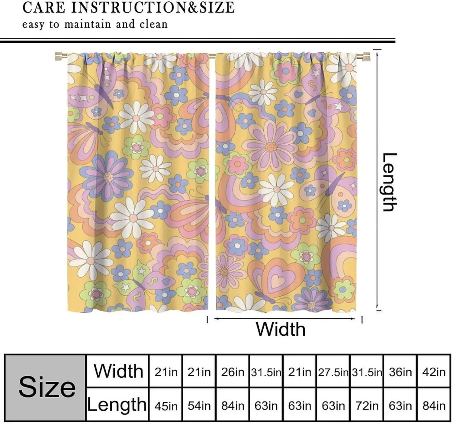 Retro Hippie Floral Curtains Vintage 70S Flowers Colorful Window Drapes for Bedroom Living Room Kitchen Cafe （W20xL45 Inch） x2 D