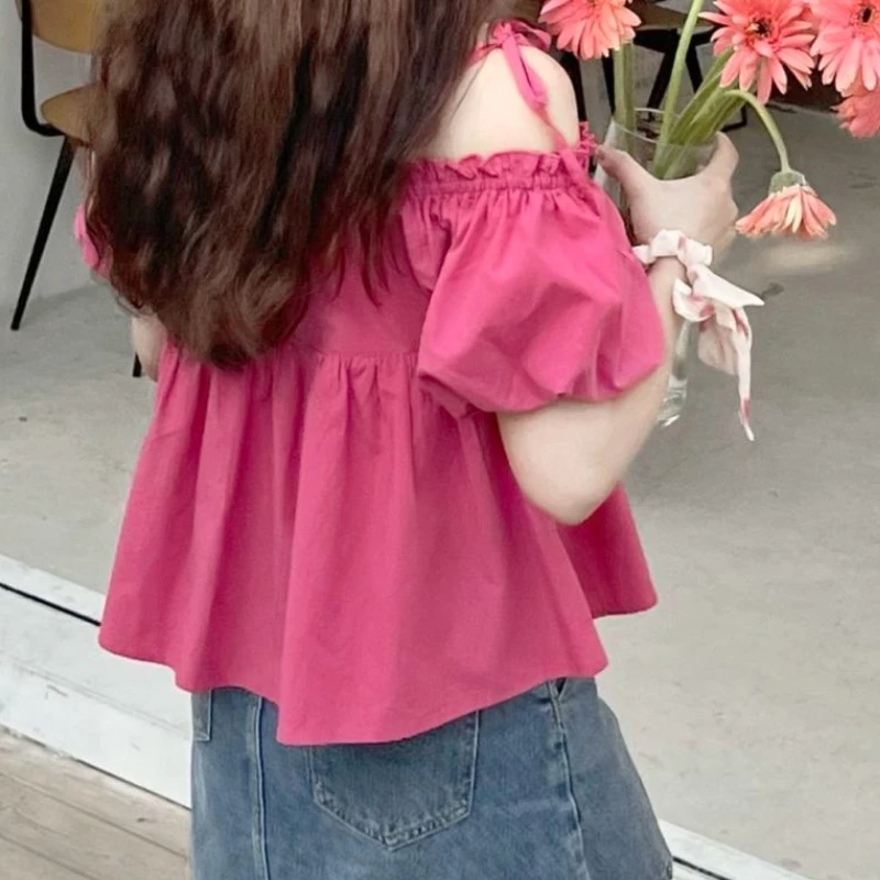 Blouse Women Summer Sweet Japanese Style Leisure Loose Simple Solid Design Puff Sleeve Tender Students Slash Neck All-match Cozy