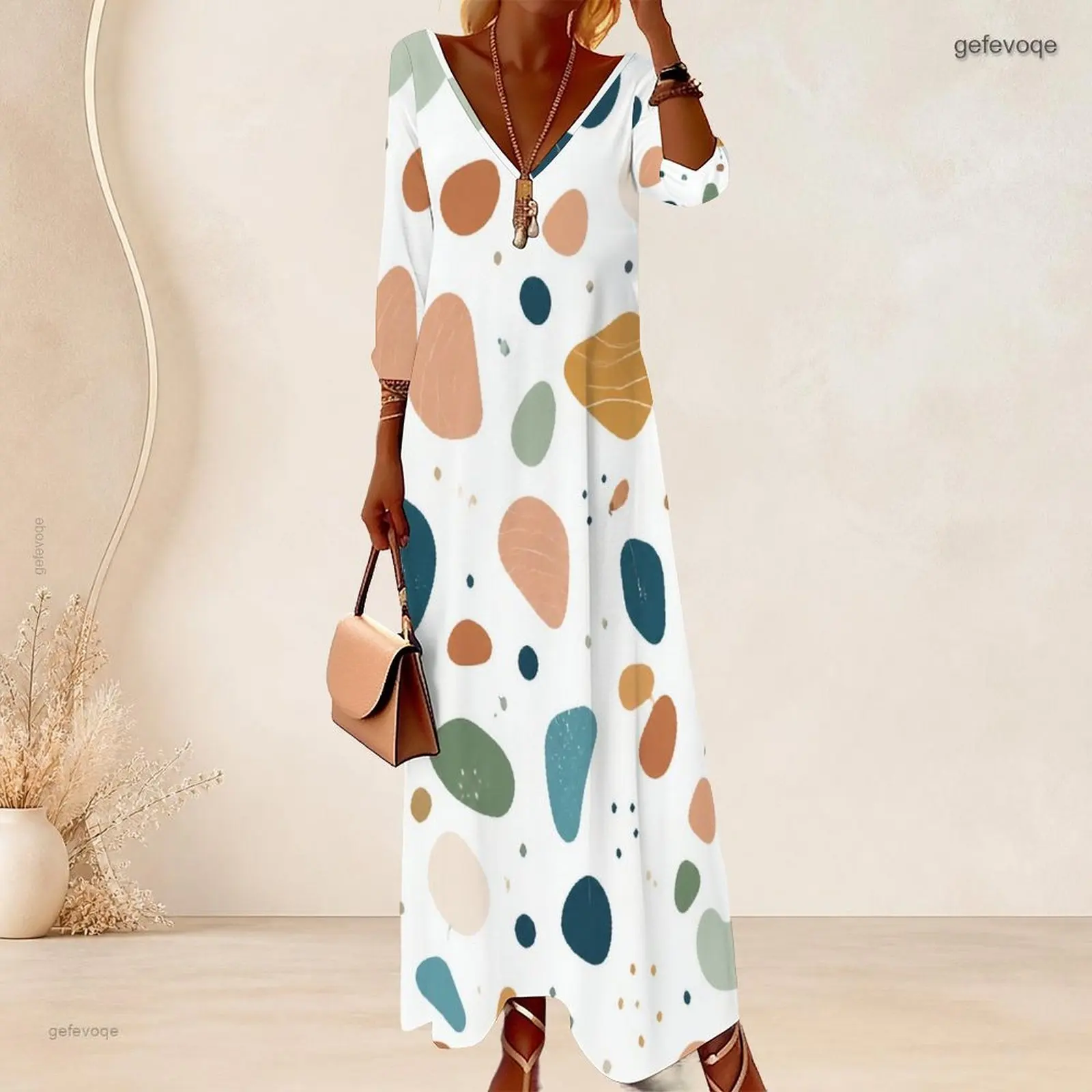 Women White Base Abstract Multi-color Irregular Shape Printed V Neck 3/4 Sleeve Long Dress