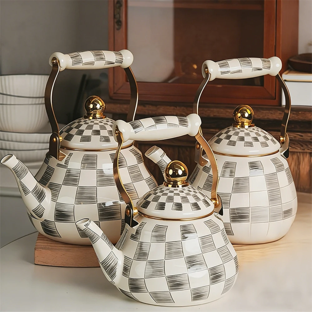 2.5L Quart Check Enamel Tea Kettle Vintage Enameled Teapot Stovetop For Water Coffee Tea Pot Home Kitchen Decor With Handle