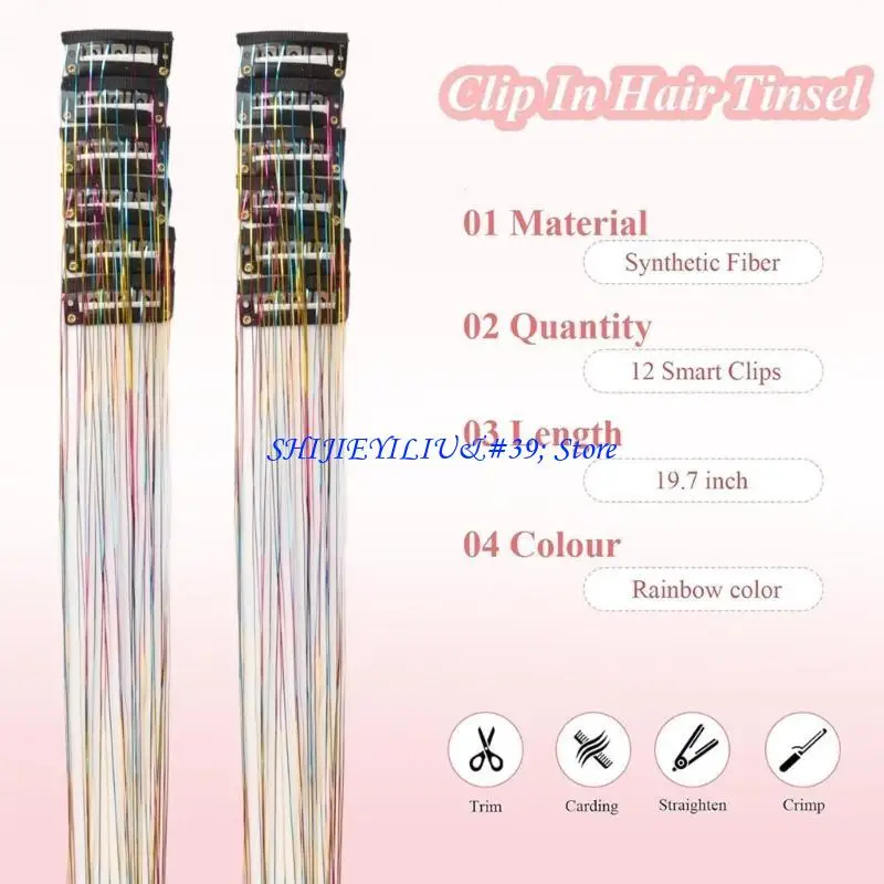 

E21F Glitter Tinsel Hairpiece Synthetic Fibre Hair Filament Clip In Hair Extension