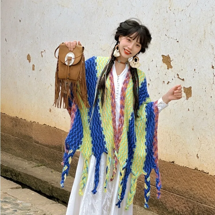 

Women's Ethnic Style Poncho Shawl Cape Retro Rainbow Stripe Travel Outfit Tassel Knitted Photography Cloak Outerwear P1