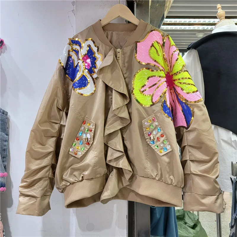 Fashion Ruffled Patchwork Diamonds Sequins Baseball Jackets Women Loose Short Stand Collar Long Sleeve Bomber Jacket Coat Female