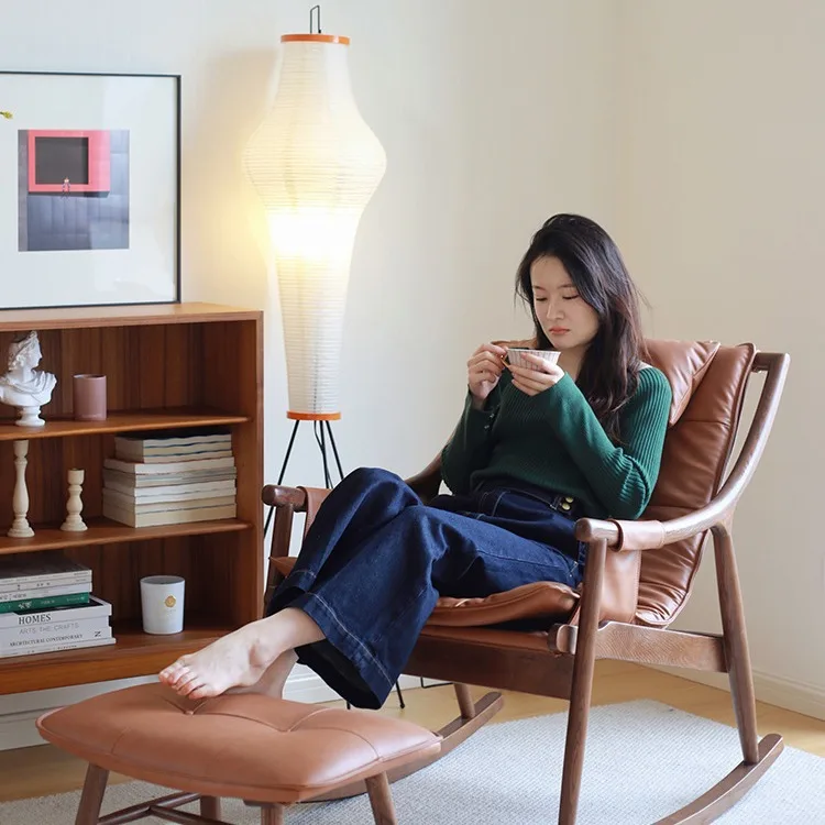 

Customizable Nordic solid wood leather rocking chair single sofa resting modern simple nap chair