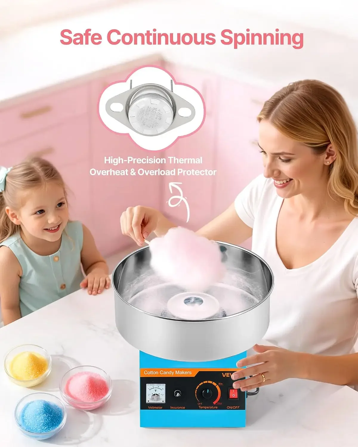 VEVOR Cotton Candy Machine Commercial, 1000W Electric Candy Floss Maker, Easy Use with 15 inch Stainless Steel Bowl and Sugar Sc