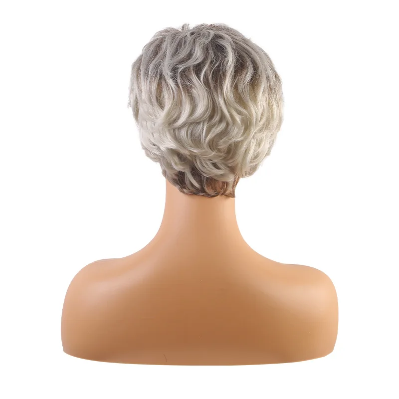 Parrucca naturale per capelli corti di colore misto grigio-marrone moda donna Parrucca a testa piena con frangia soffice Parrucca di vendita calda