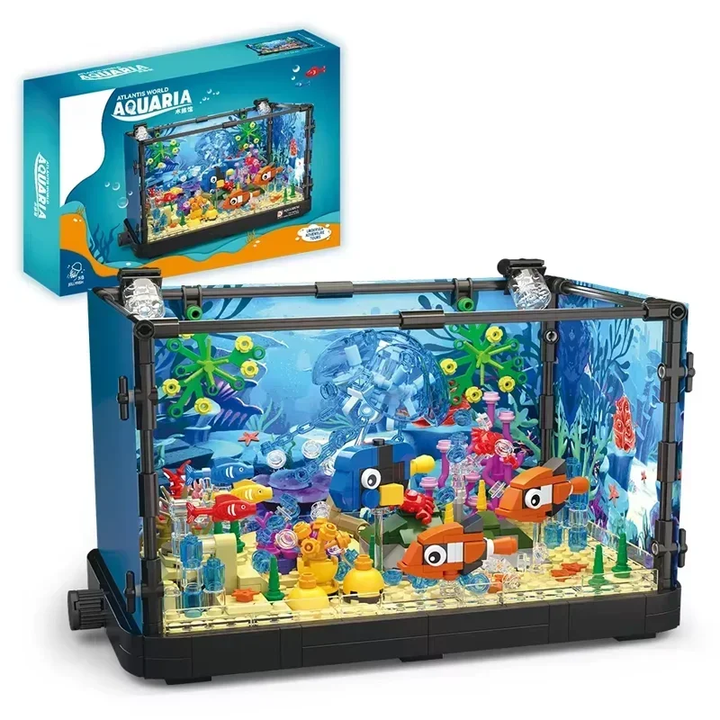 A fish tank construction kit with lights, MOC Ocean Aquarium marine animal building block toys, building block toy gifts