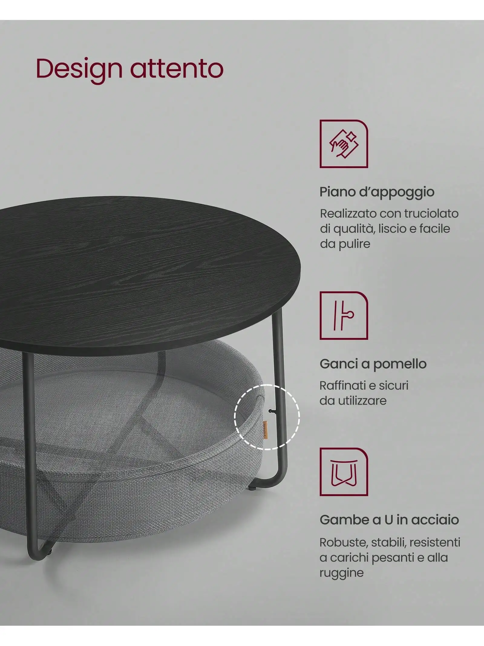 Tavolino rotondo VASAGLE: cestino in tessuto, spazioso, soggiorno/camera da letto, comodino, stile moderno, ebano nero/grigio ardesia
