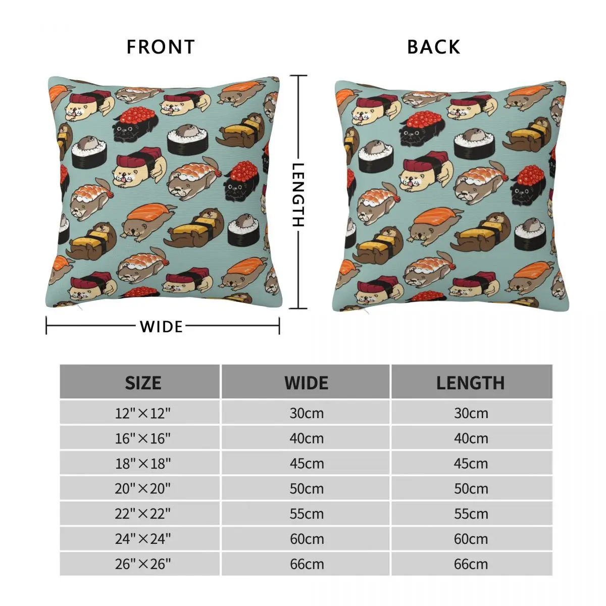 Japanese Food Sushi Otter Square Pillowcase Polyester Linen Velvet Pattern Zip Decorative Car Cushion Cover