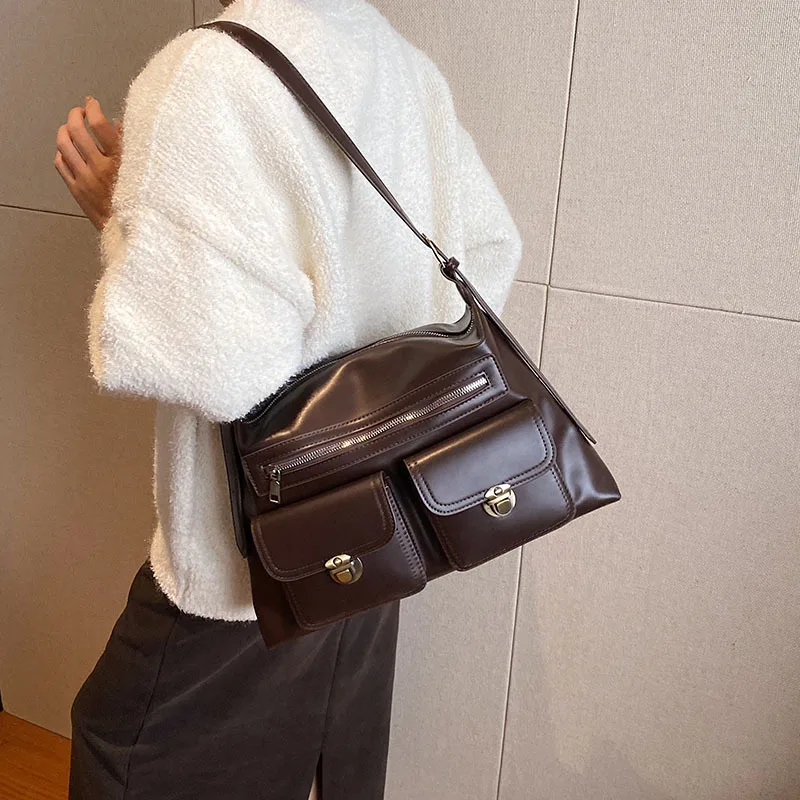 

High Quality Women Underarm Handbags Leather Ladies Crossbody Bag Winter Vintage Large Shoulder Bag Multi Pocket Messenger Bag