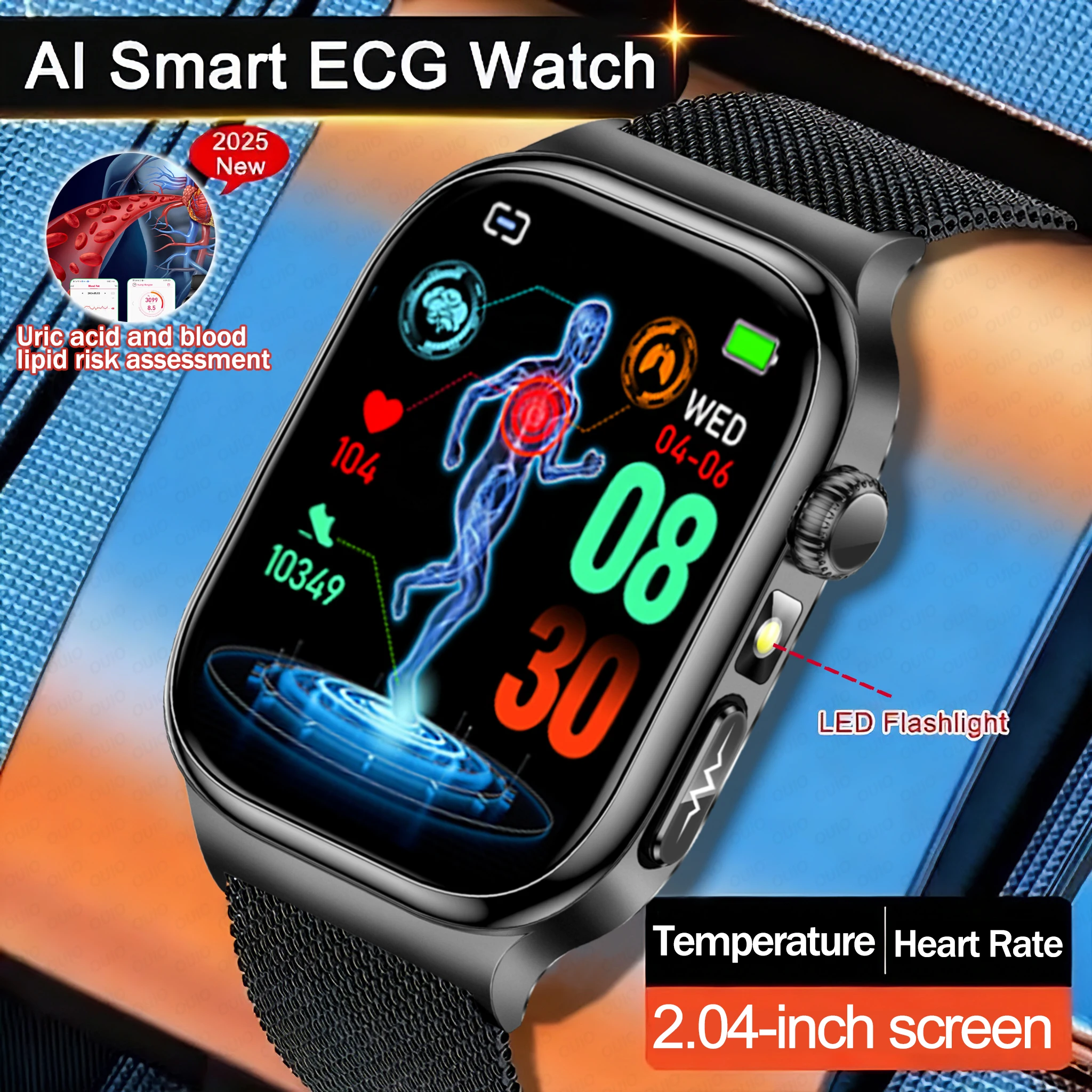 

Al Smart ECG Watch Blood Lipids Uric Acid Blood Pressure Heart Rate Temperature IP68 LED Flashlight Smart Watch For Android IOS