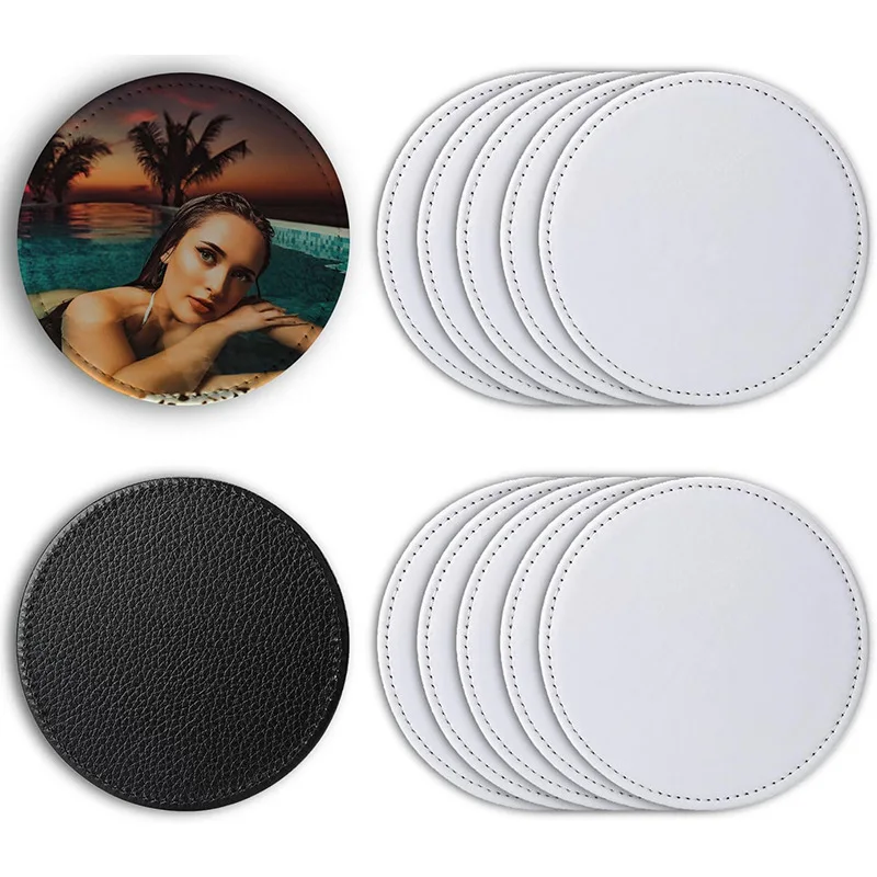 10pcs Cup Mats Sublimation DIY White Single Sided Blank PU Square Circle Shaped Pads