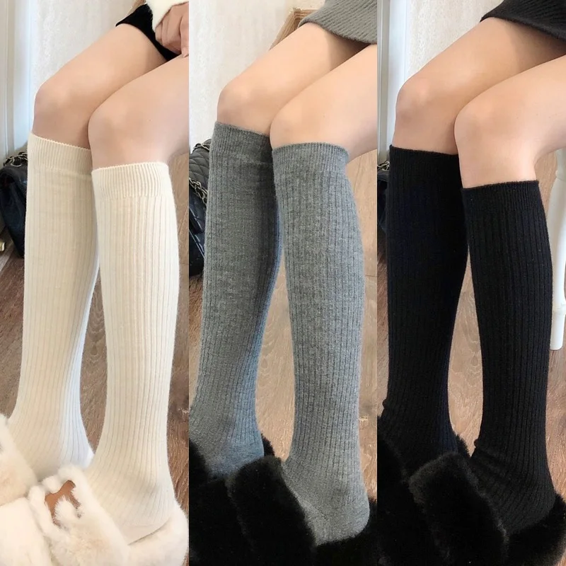 Autumn Winter Soft Wool Long Socks Women Cashmere Solid Knitted Stocking Skinny Casual Knee High Fluffy Warm Thicken Girls Socks