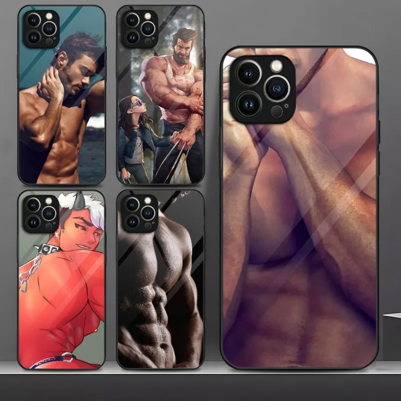 Sexy Muscular Man Phone Case Tempered Glass For IPhone 13 12 11 14 Pro Max Mini X XR XS 8 7 6s Plus SE 2020 Cover