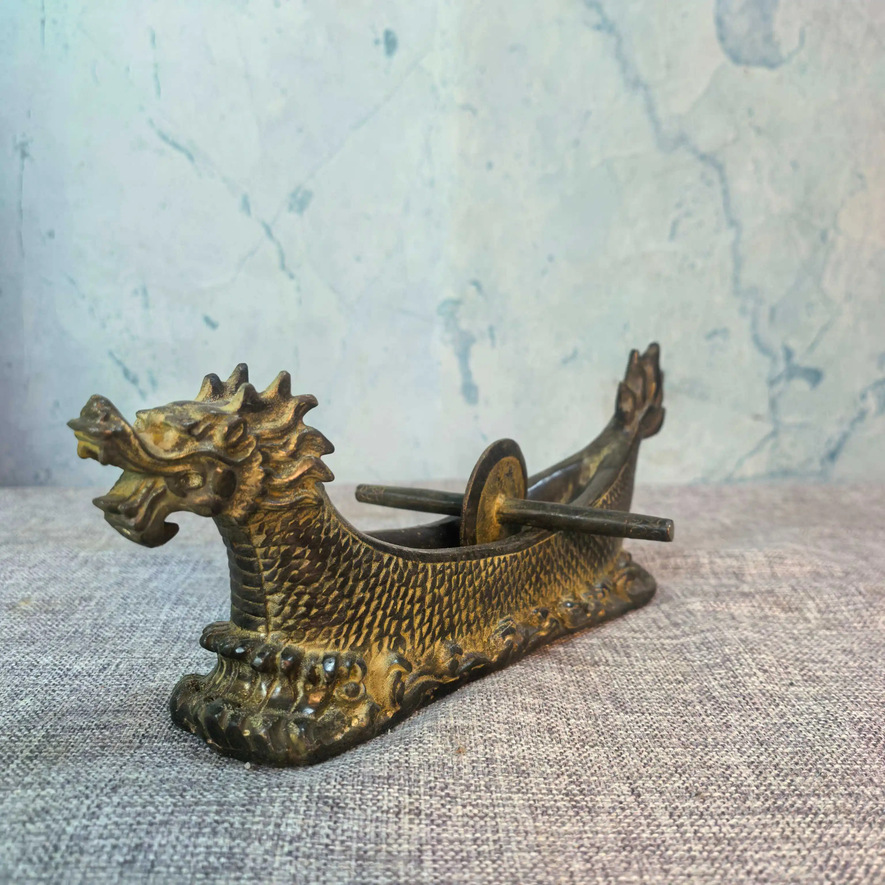 Vintage Chinese Copper Dragon Boat Medicine Grinder Antique Craft Collectible Home Pharmacy Decor Ornament