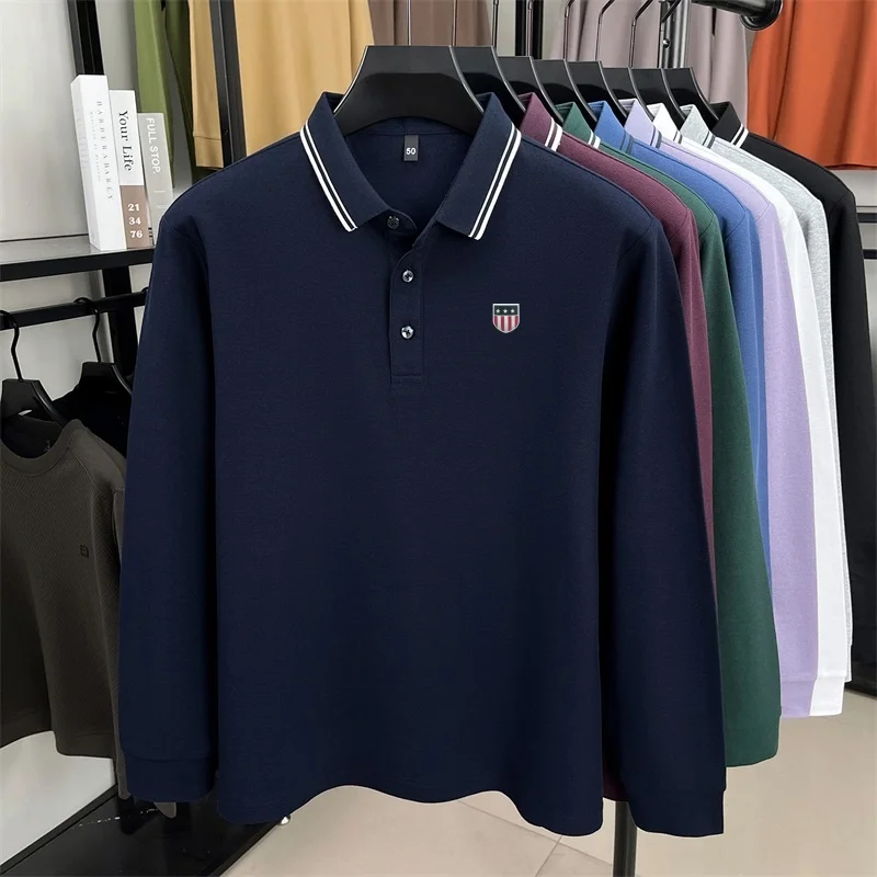 Autumn Men's 100% Cotton Printed Polo Shirt New Skin Friendly Long Sleeved Solid Color Lapel T-shirt Fashion Casual Men's Wear