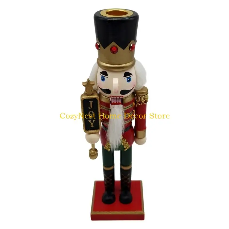 92MF Christmas Nutcrackers Pillar Candle Holders Wooden Nutcrackers Soldier Figure Candle Stand with Upper Receptacle for Dining
