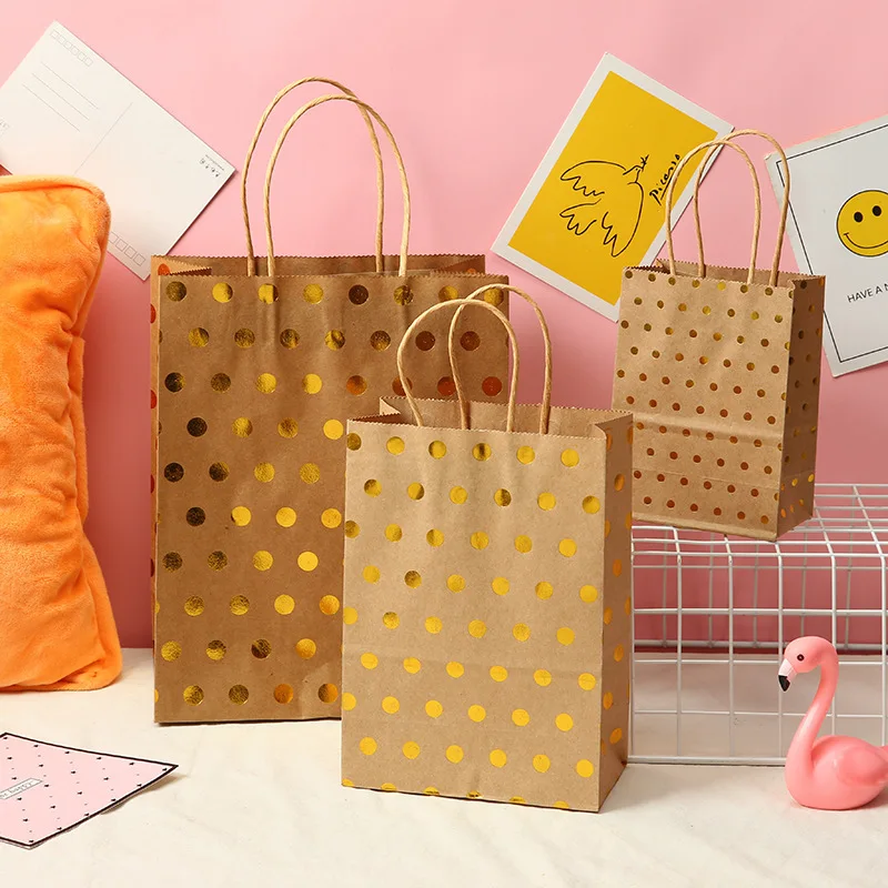 5 Pcs Dot Star Kraft Paper Bags with Handles Birthday Wedding Christmas Party Decoration Baby Shower New Year Gift Packaging