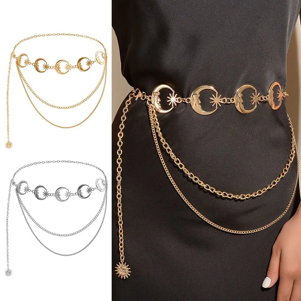 Cadena de cintura metálica de estilo vintage, ideal para combinar con cualquier atuendo, cinturón de varias capas para mujer, fajín para vestidos, cinturón con motivos de luna y estrellas.