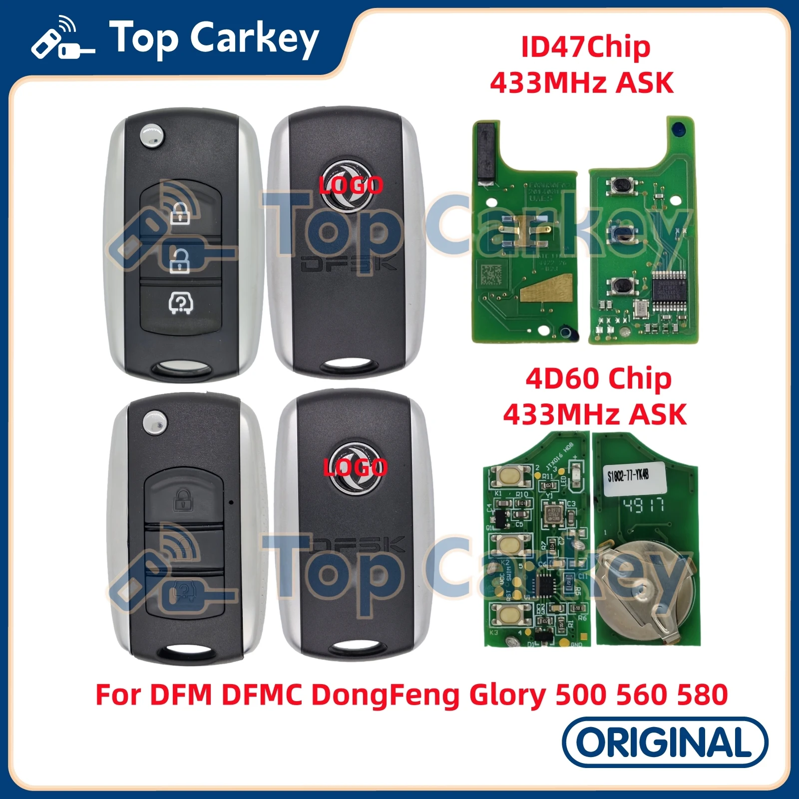 

TopCarkey Original Flip Remote Key Fob ID47 4D60 Chip 433MHz for DFM DFMC DongFeng Glory 500 560 580