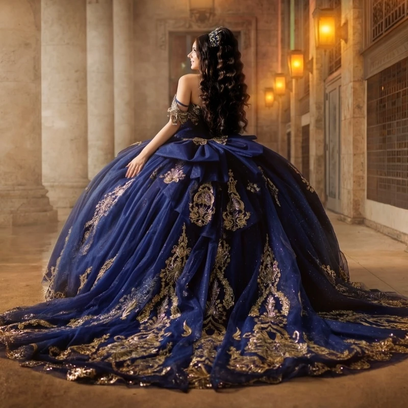 Marineblaues, glänzendes Quinceanera-Kleid, Ballkleid, schulterfrei, goldfarbene Applikation, Spitze, Perlenstickerei, Kristallschleife, Korsett, Party, Geburtstag, Swee