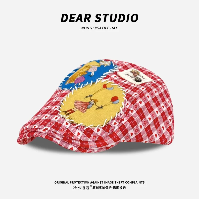 

Korean Plaid Patch Design Flat Top Forward Hat for Men and Women Spring and Summer Niche Versatile British Painter Caps