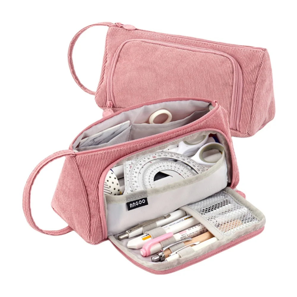 Corduroy Stationary Pen Storage Bag Pen Pencil Bag Zipper School Pencil Case Multi Layer Large Capacity Cosmetic Travel Handbag