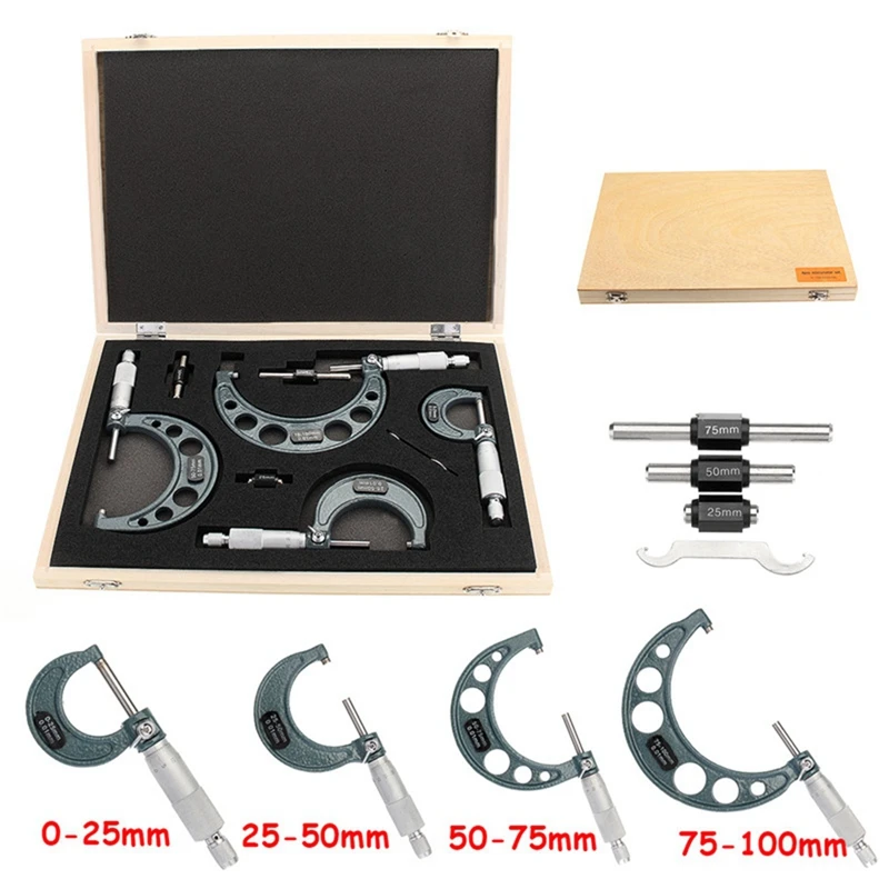 Outside Micrometer Set Accuracy Carbide Micrometer Set 0-4Inch 0-100Mm 4 Precision 0.01Mm 4Pcs