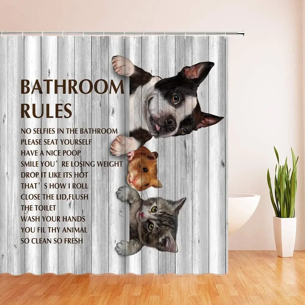 Cute Bulldog Shower Curtain Creative Inspirational Quotes Bathroom Rules Wooden Board Animal Fabric Bathroom Curtain with Hooks