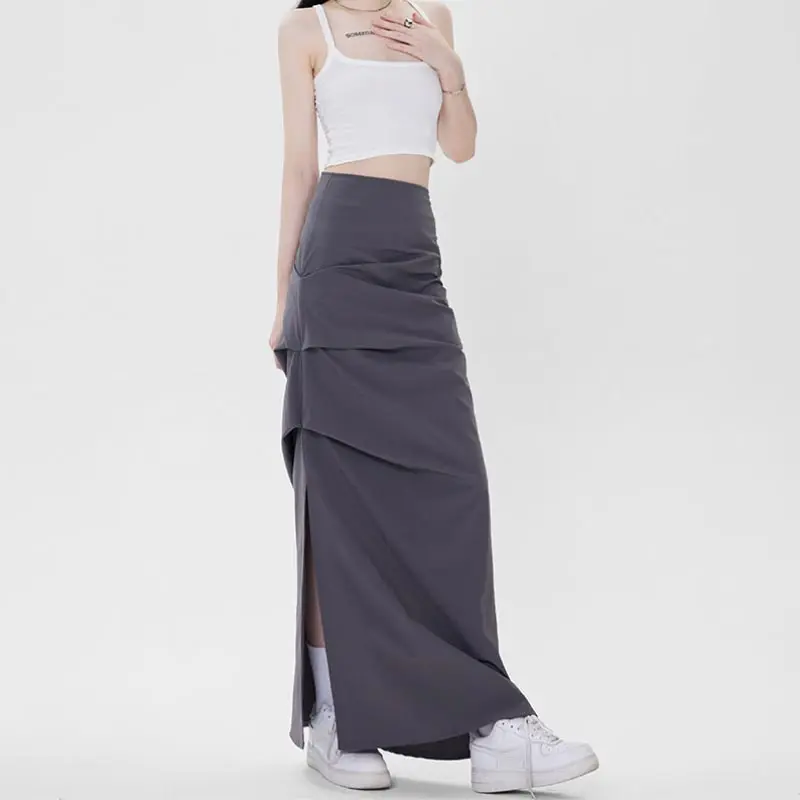 Elegant Skirt Women Spring Summer Slim Side Slit Pleated Mid-length Hip Skirt Y2k Vintage Fashion Bottoms Female Clothes