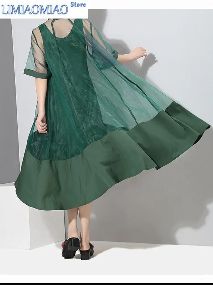 Women Green Organza Irregular Shirt Dress New Stand Collar Half Sleeve Loose Fit Fashion Tide Spring Summer