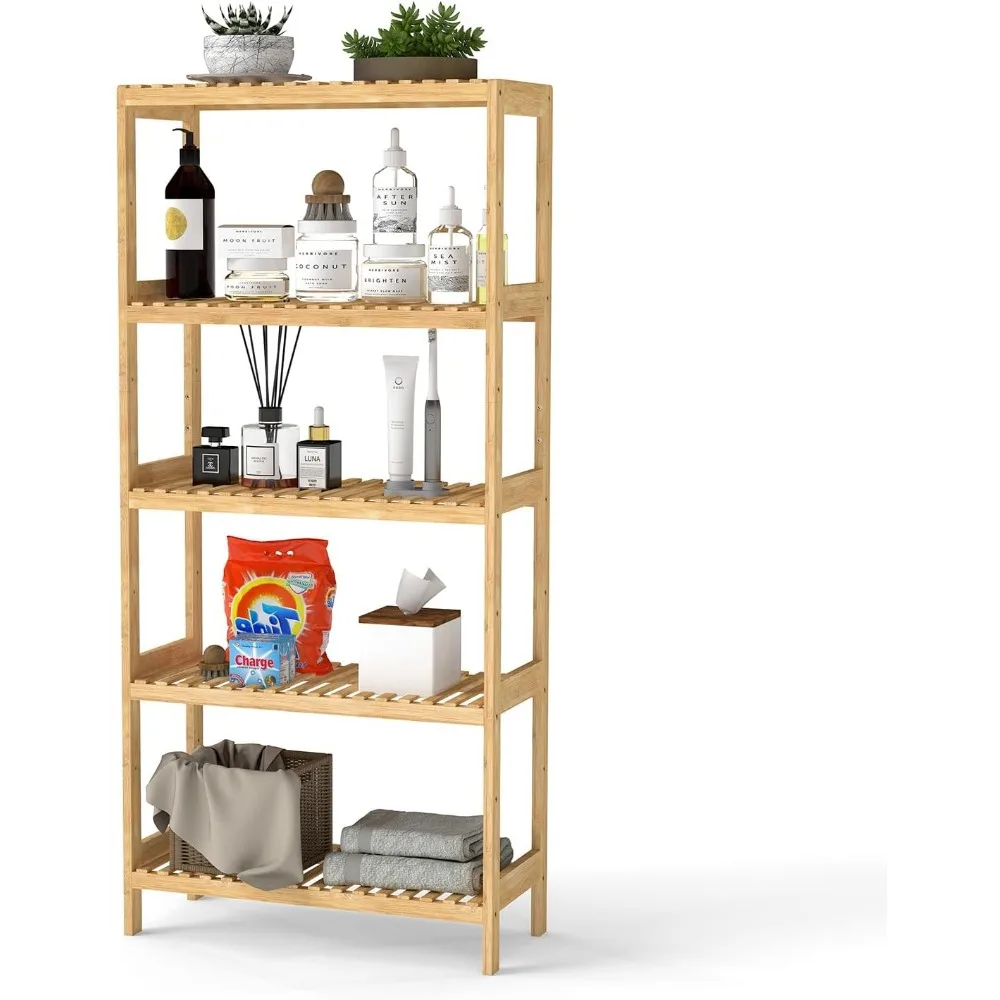 

5-Tier Bamboo Shelf Freestanding - Space-Saving Bathroom Standing Shelf & Plant Stand, 5 Shelf Bookcase for Kitchen, Living