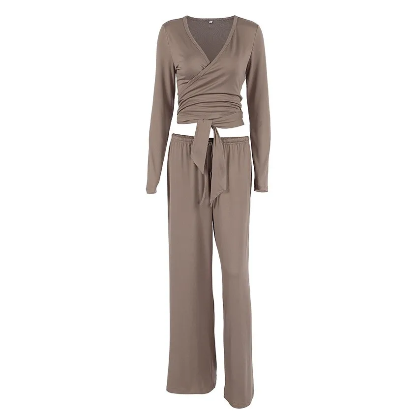 Immagine 3: Completo senza colletto a maniche lunghe con pantaloni lunghi, stile europeo e americano, abbigliamento da esterno per donna, primavera estate