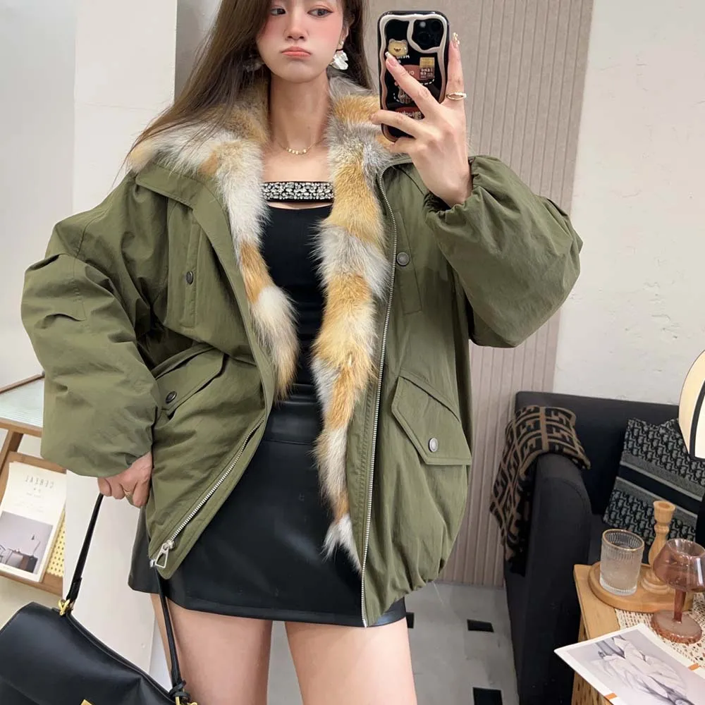 Femmes coréennes vers le bas manteaux col de fourrure de renard ample décontracté en duvet d'oie femme doudoune automne hiver 2025