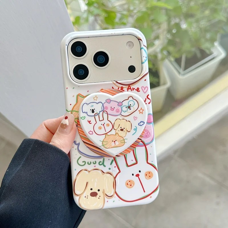 

Korean Color Stipes Cute Dog Rabbit Magnetic Phone Case For iPhone 16 Pro 17 15 Pro Max Cover with Stand For Magsafe Hard Cases