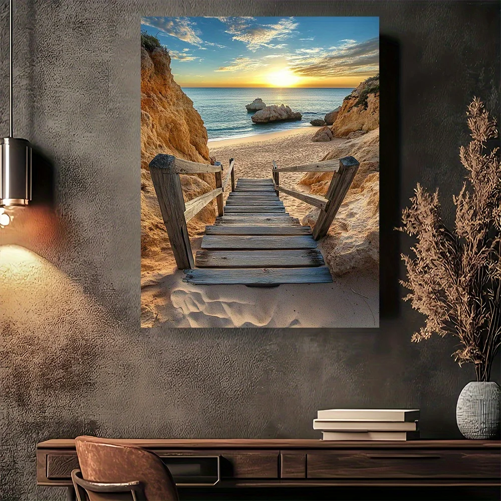 2D Flat 1pc Beach Sunset Wooden Stairs Canvas Wall Art - Frameless, Modern Vintage Design, High-Quality Printed Poster for Home