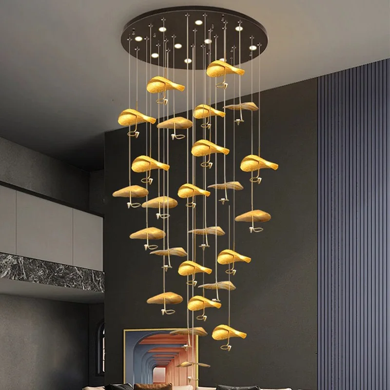 

Staircase Living Room Air Loft Floor Hanging Lamp Lustre Fixture 2025 New Copper Lotus Pendant Light Large Modern Chandelier