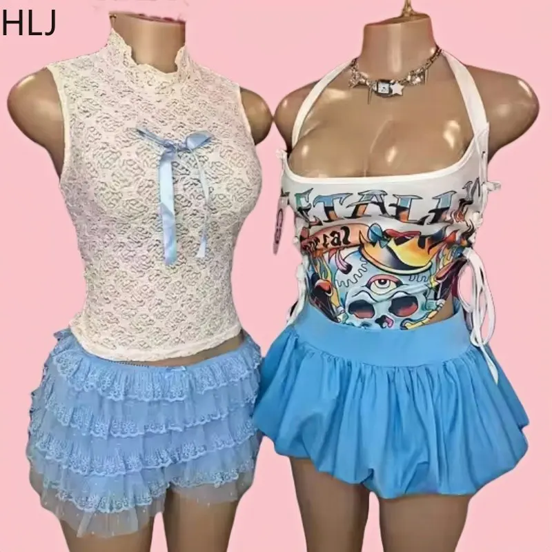 HLJ Sweet Y2K Lace Sheer Ruched Two Piece Sets Women Round Neck Sleeveless Top And Skirts Shorts Outfits Fashion 2pcs Streetwear