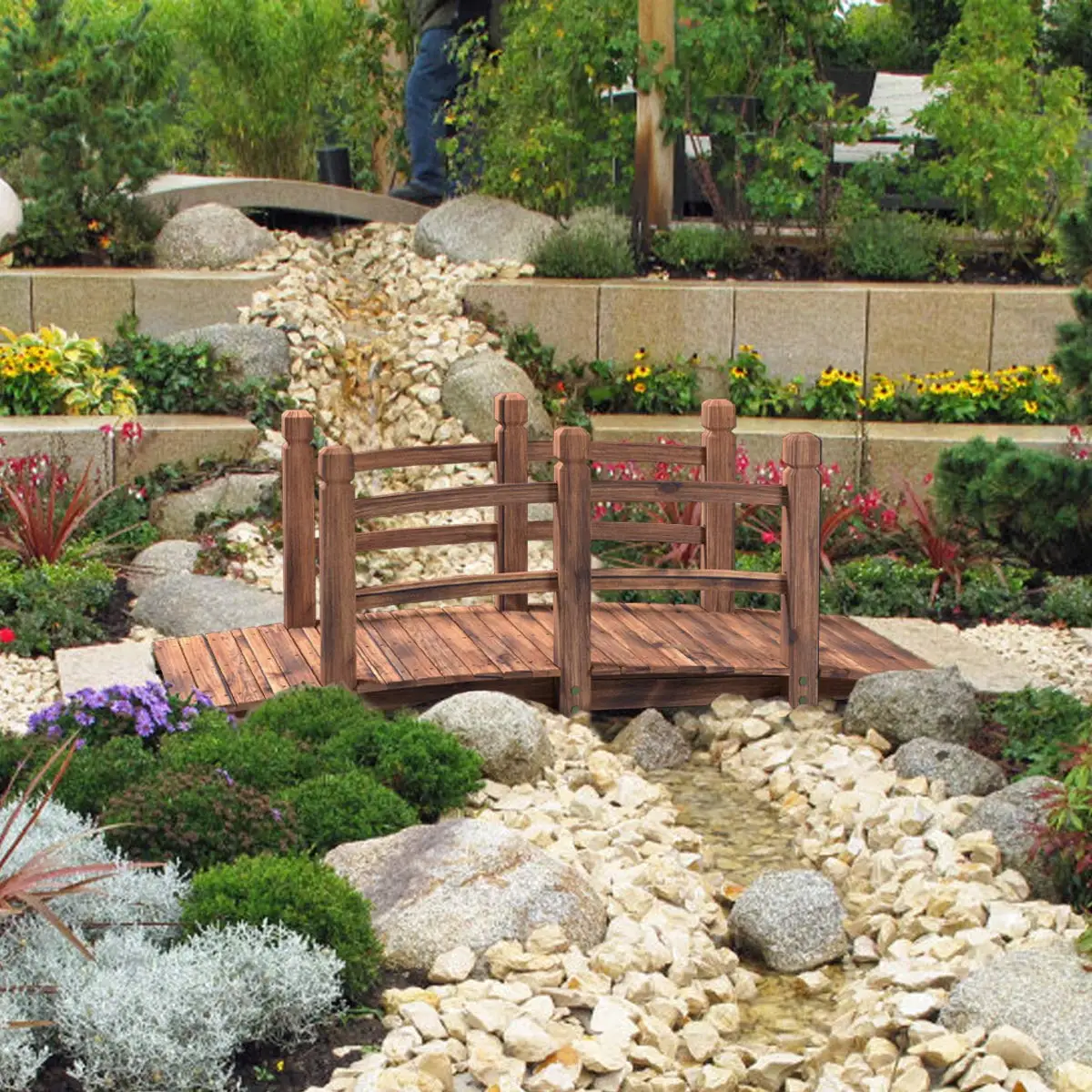 5 FT Wooden Garden Bridge, Stained Wood Arc Footbridge with Railings, 400 lbs Capacity, Decorative Pond Bridge, Customized