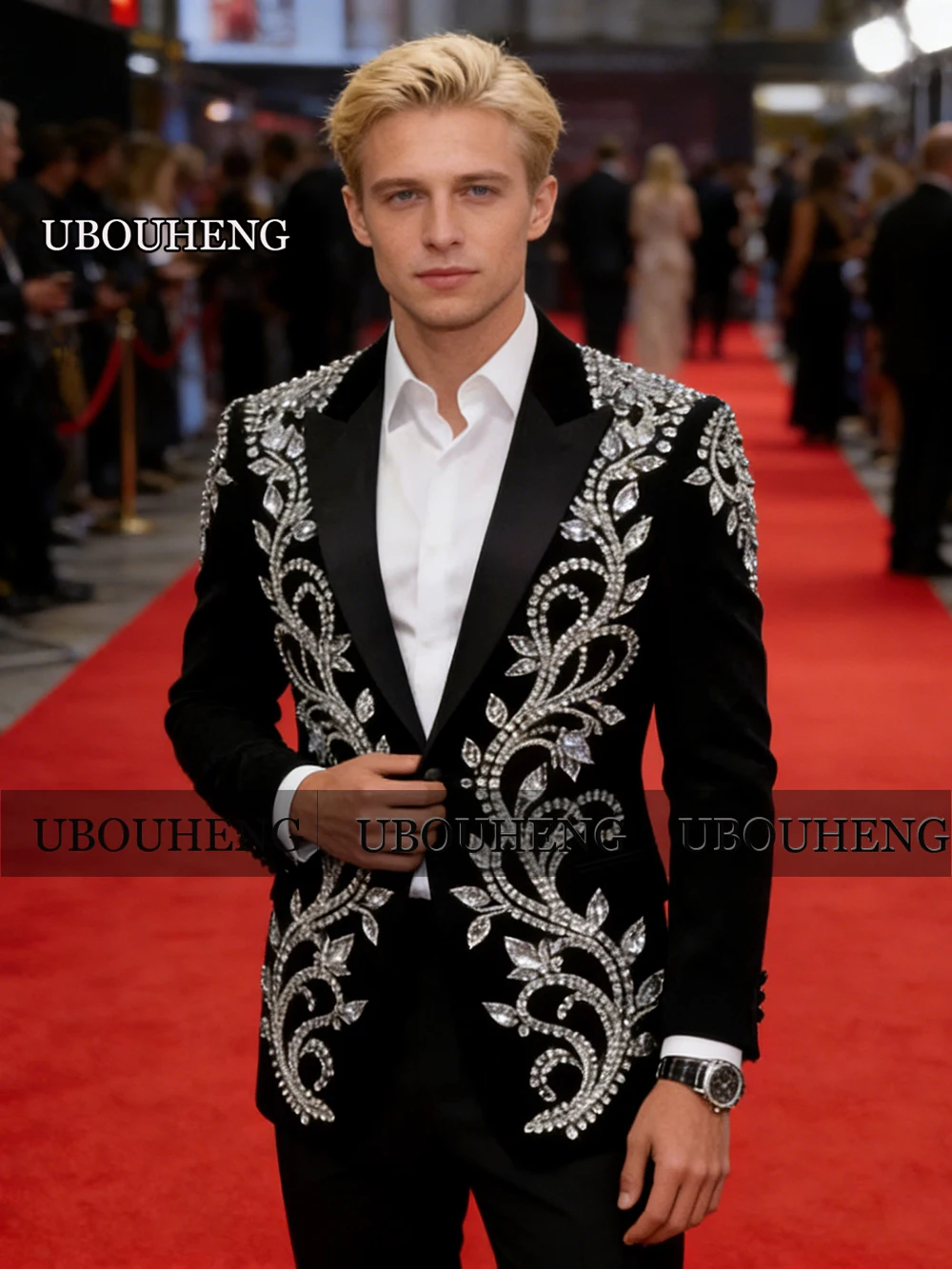 

Exquisite Jewelry Stones Wedding Suit Attire For Men Single Breasted Jacket Pants 2 Piece Set Groom Formal Party Tuxedos Outfits