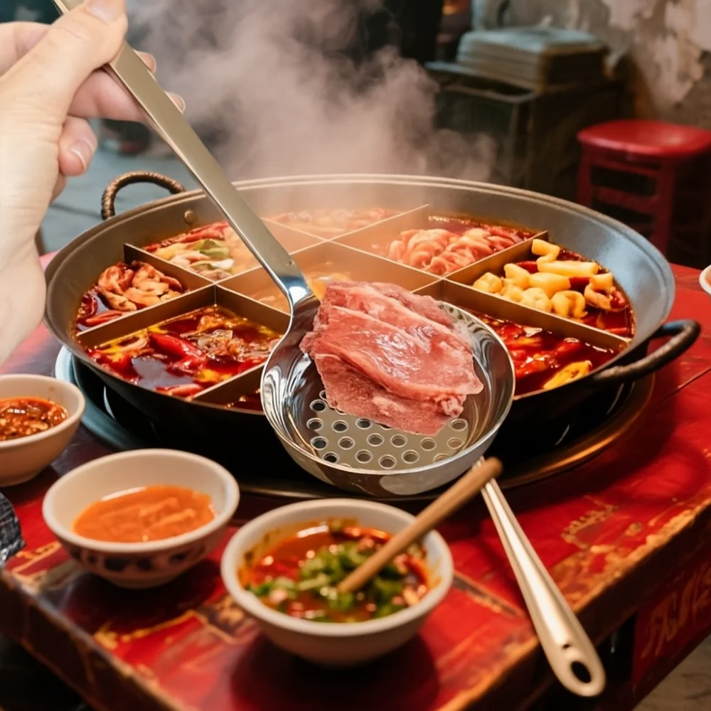 Stainless Steel Soup Spoon Deepened Long Handle Slotted Spoon Flat Bottom Rust-proof Serving Colander Restaurant