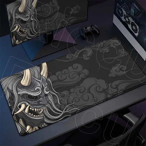 Imagen 1 del producto Alfombrilla de ratón gris diablo japonés, alfombrilla grande para ordenador Gamer, alfombrilla para mesa con borde de bloqueo, alfombrilla para ratón Oni para ordenador portátil, alfombra de goma antideslizante con estampado HD para teclado